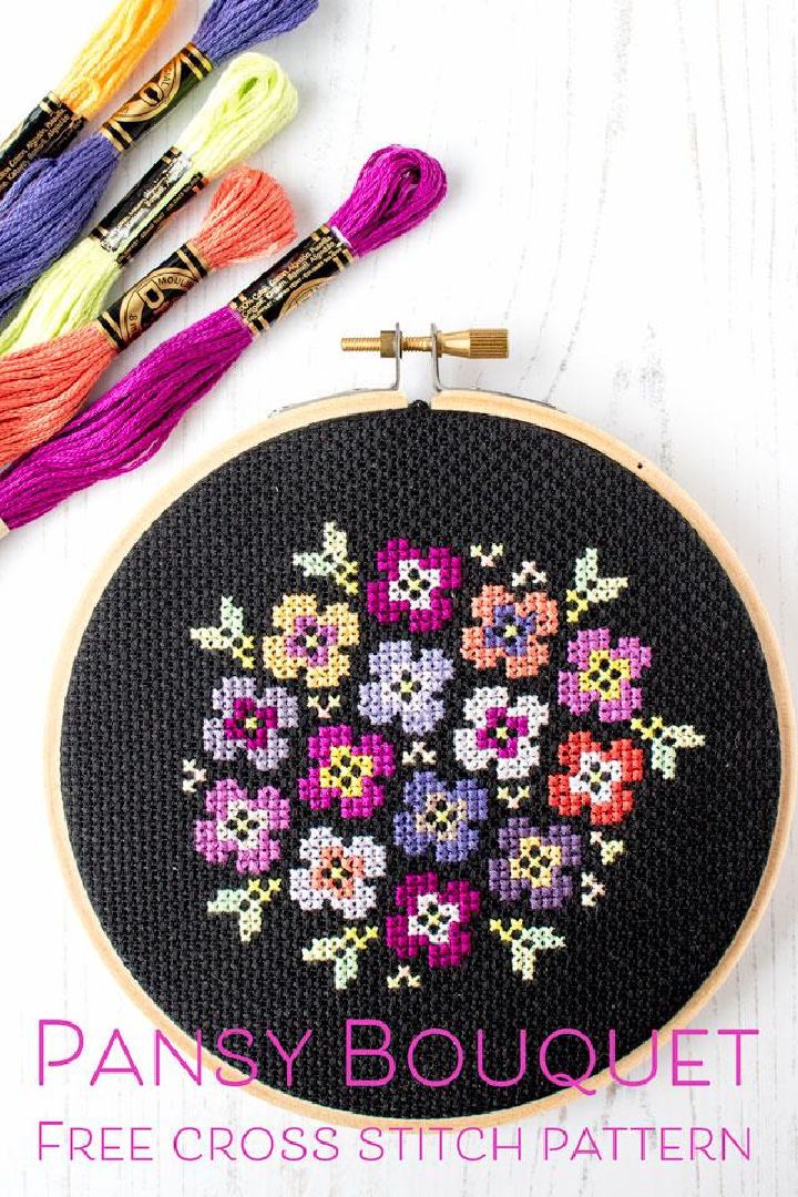 Cross Stitch Pansy Bouquet Embroidery