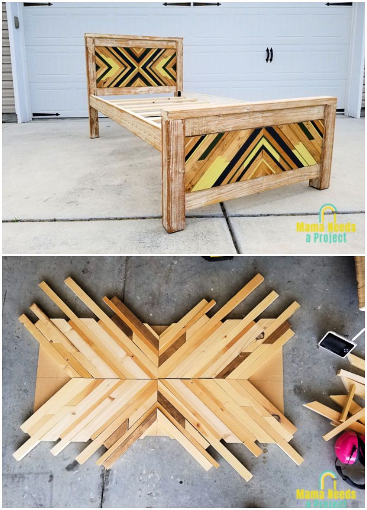 Twin Bed Frame with Geometric Wood Art