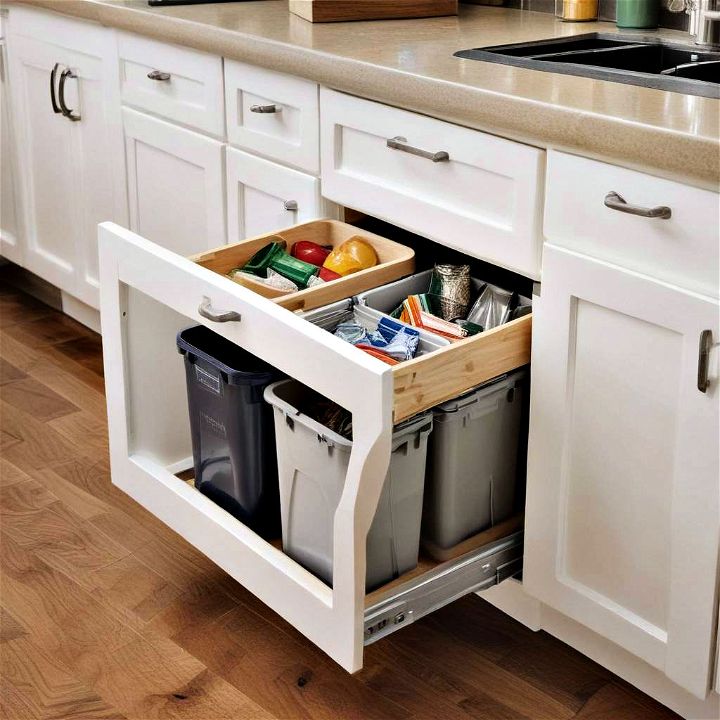 Keep your kitchen clean and organized with slide out trash and recycling bins