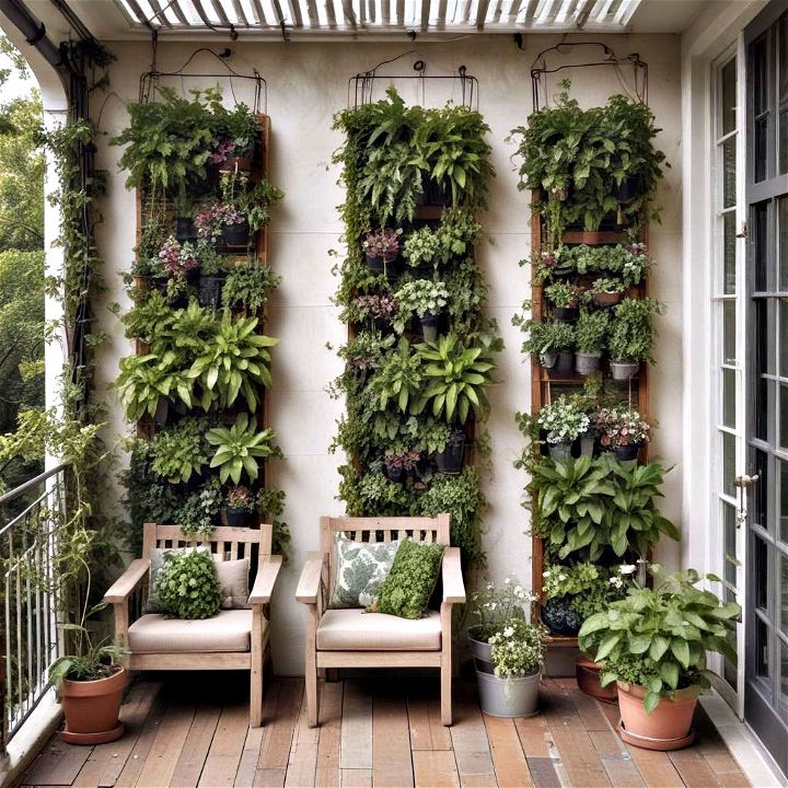 a lush green front porch vertical garden