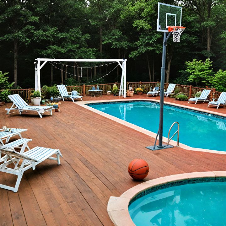 a sports themed pool deck