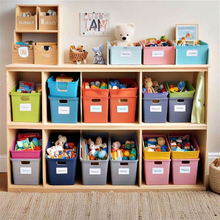 adjustable toy storage bins with labels