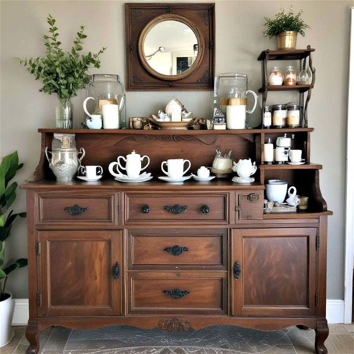 antique buffet turned coffee bar