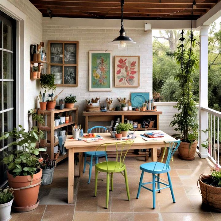 artistic back porch workshop space for painting drawing or crafting