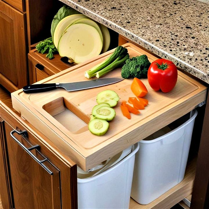 built in cutting board over trash that fits over your trash bin