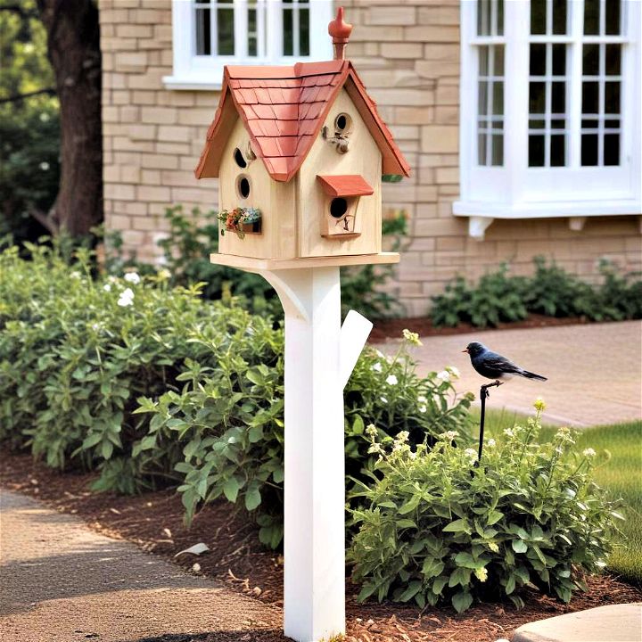 charming cottage style post with birdhouse