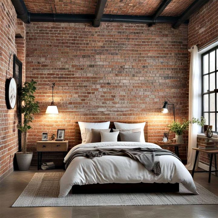 classic bedroom with exposed brick elegance