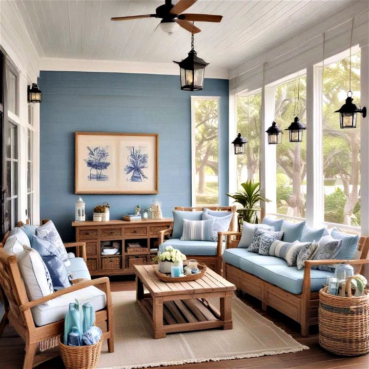coastal charm with screened in porch blues and whites