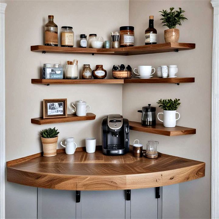 corner coffee bar with floating shelves