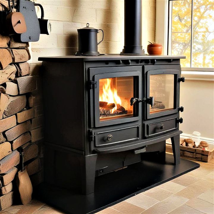 corner wood stove with cooking surface