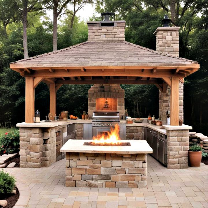 cozy outdoor kitchen with fireside warmth