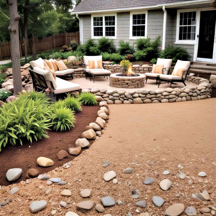 cozy mulch filled patio space edged with larger decorative rocks