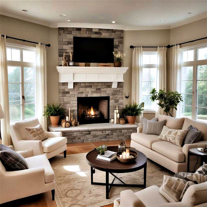 cozy stylish angled fireplace alignment