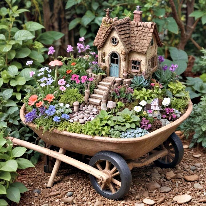 fairy garden within a garden wheelbarrow