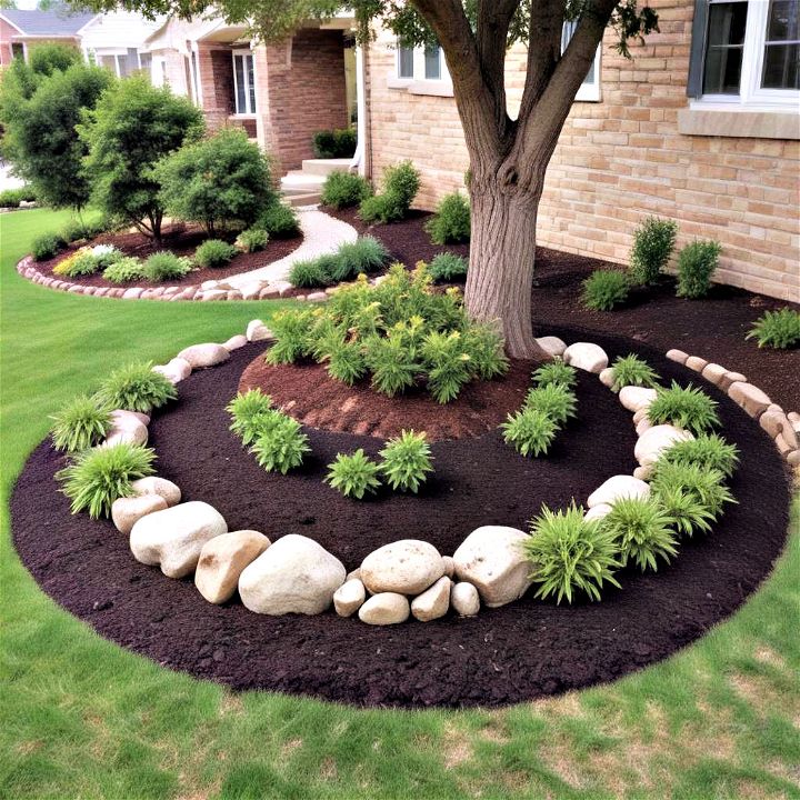 forming tree surrounds with rocks and mulch