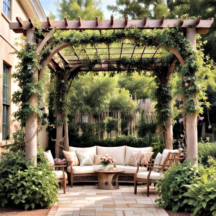 front yard pergola with climbing vines
