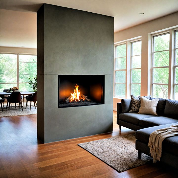 functional and decorative fireplace as room divider