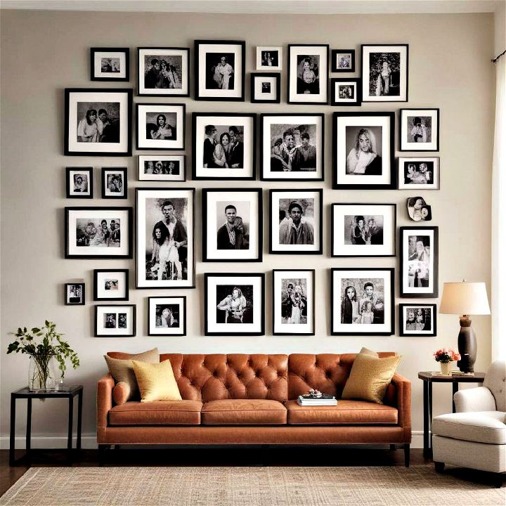 gallery wall of family portraits living space