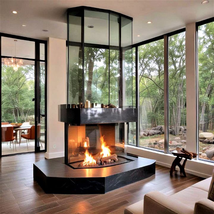 glass enclosed stylish corner fireplace