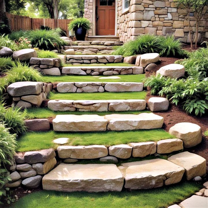 grass steps with stone risers