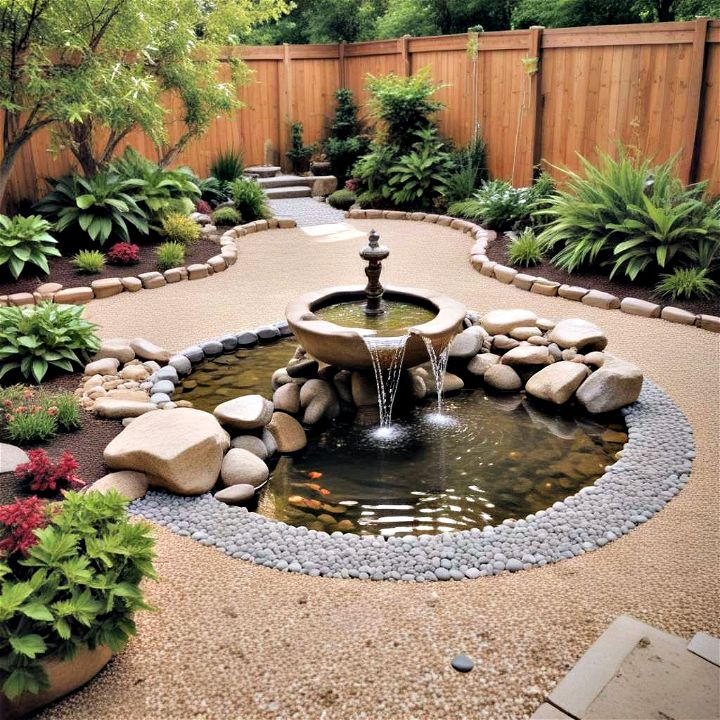 gravel patio with stunning water feature