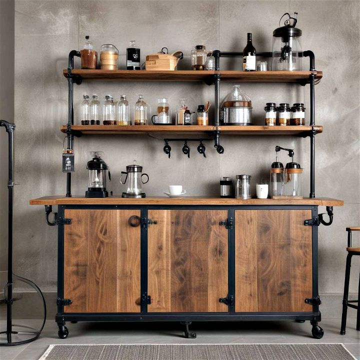 industrial pipe and wood coffee bar