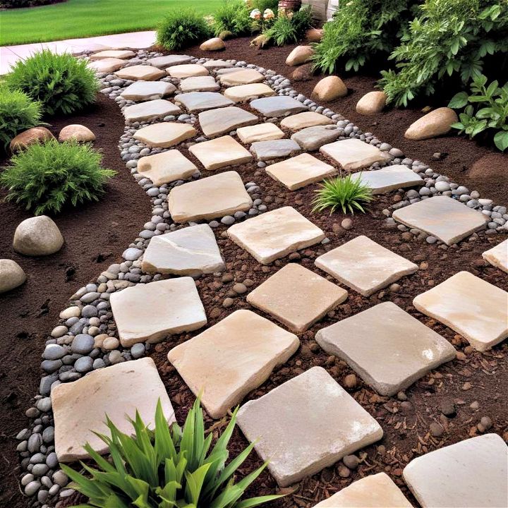 laying a rock and mulch checkerboard design