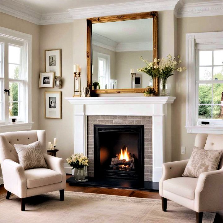 mirror above corner fireplace