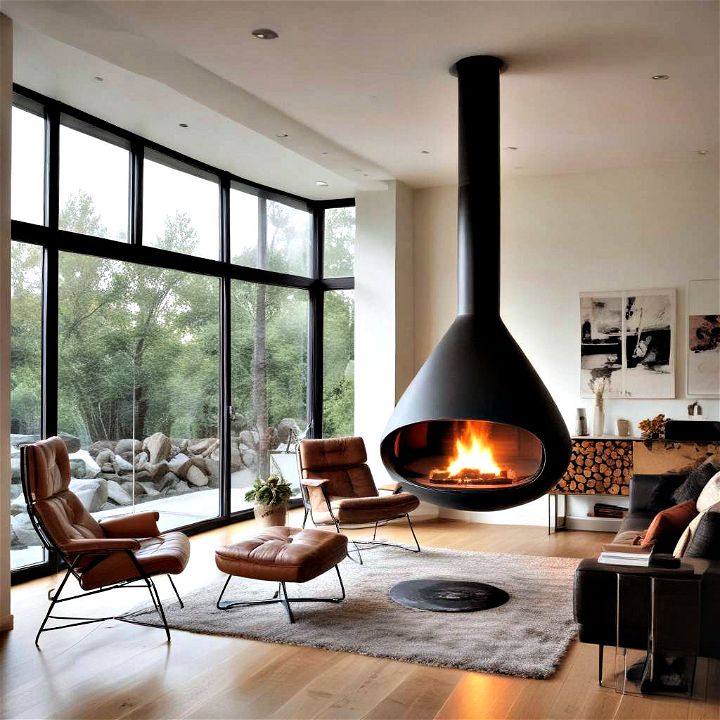 modern suspended fireplace living area