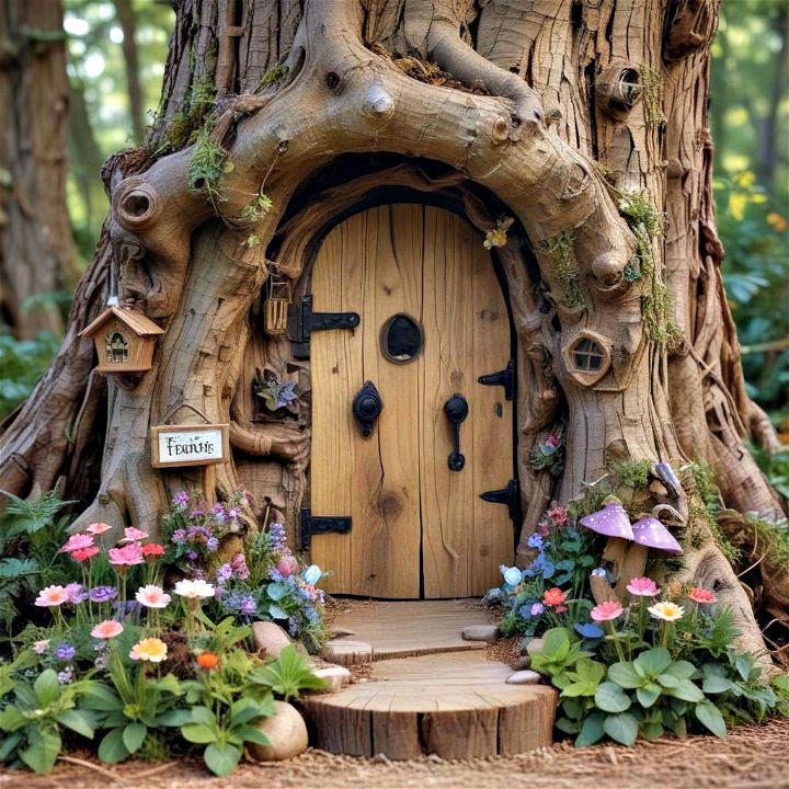 old tree stump into enchanted forest entrance