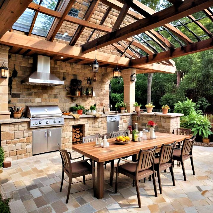 outdoor kitchen and dining area