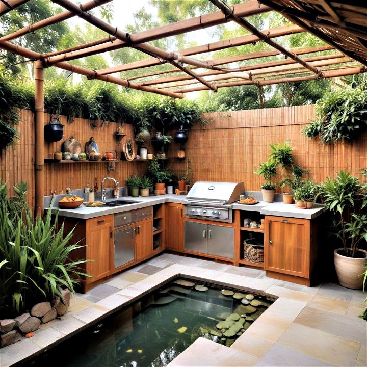 outdoor kitchen with tranquil asian fusion
