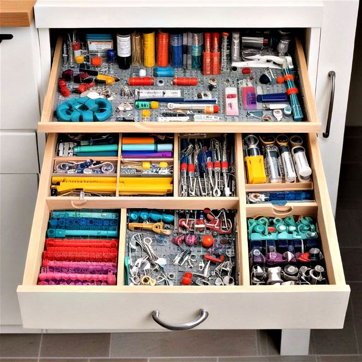 pegboard drawer organizers to hold and separate tools and supplies