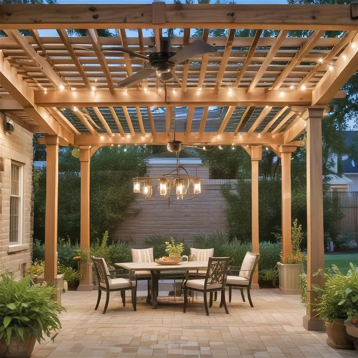 pergola with integrated lighting and fan