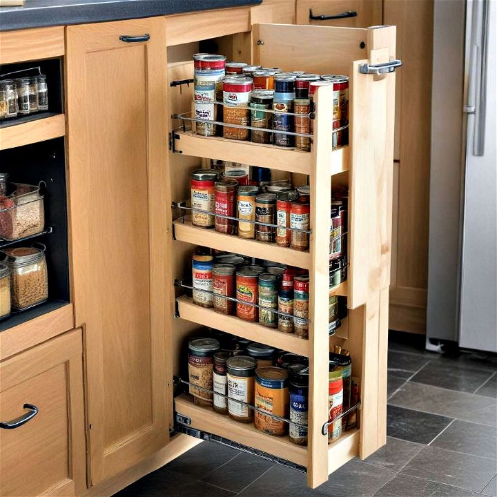 pull out pantry next to the fridge or in a slim cabinet space