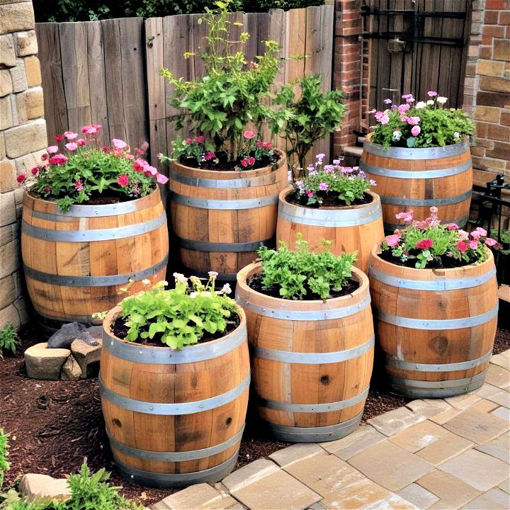 rustic and sustainable wine barrel planters