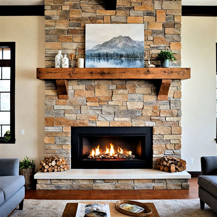 rustic wood beam mantel on modern fireplace