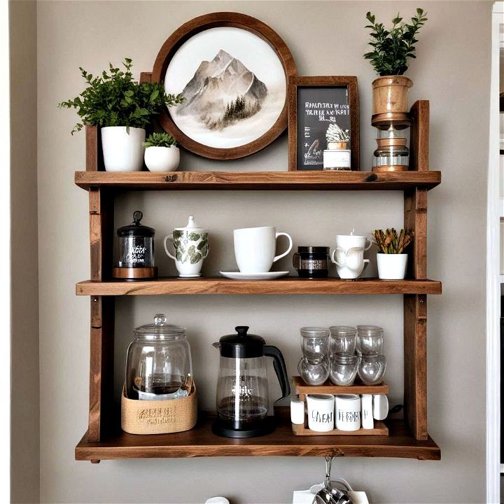 rustic wooden shelf coffee bar