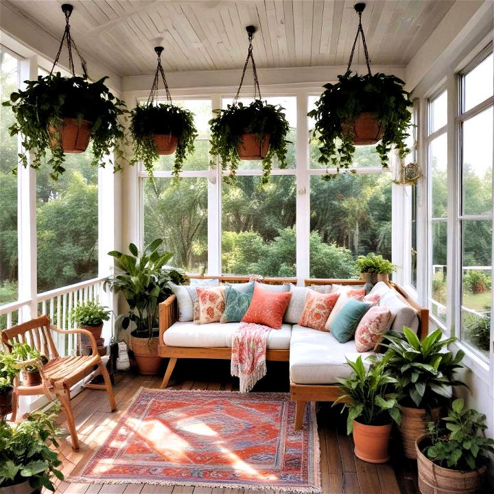 screened in porch bohemian rhapsody with hanging plants