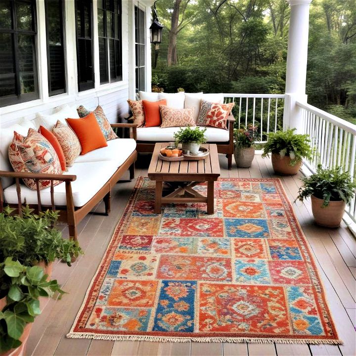 screened in porch with colorful rugs and pillows