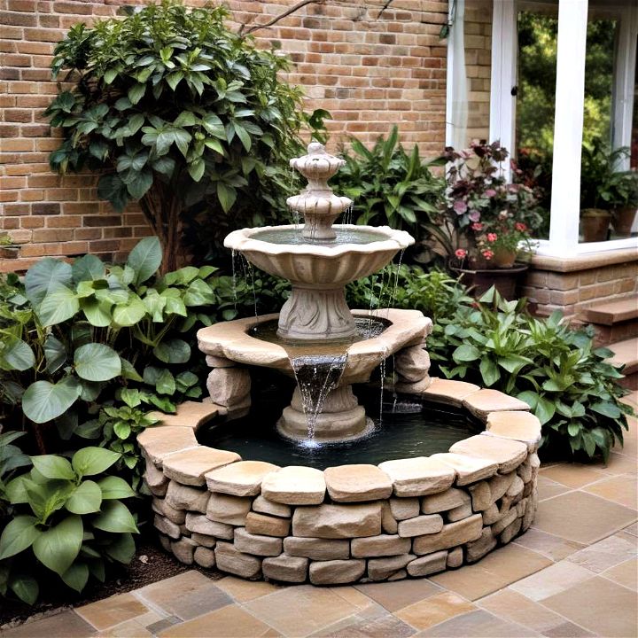 serene back porch water feature to create a calming ambiance