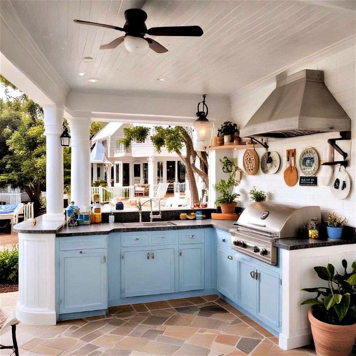 serene calming nautical themed outdoor kitchen