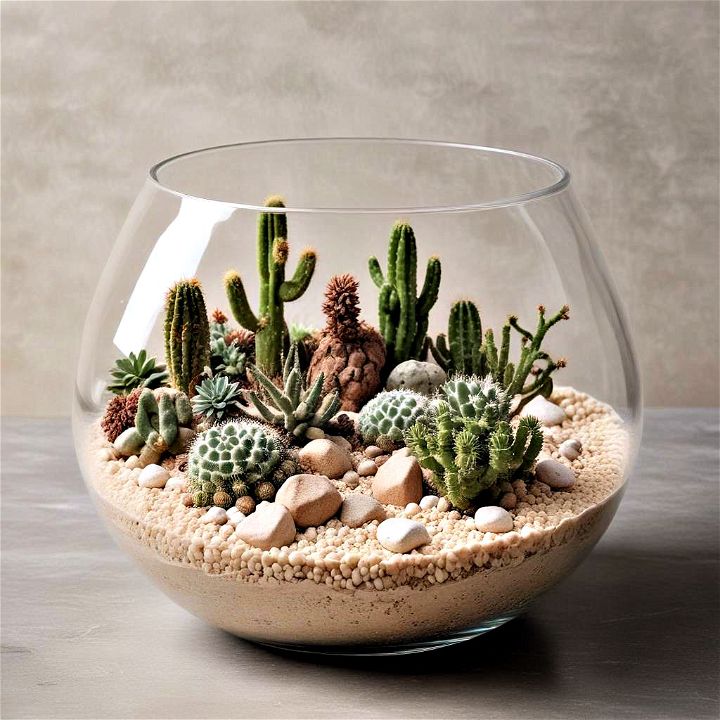 serene desert landscape with cacti and sand in a glass bowl