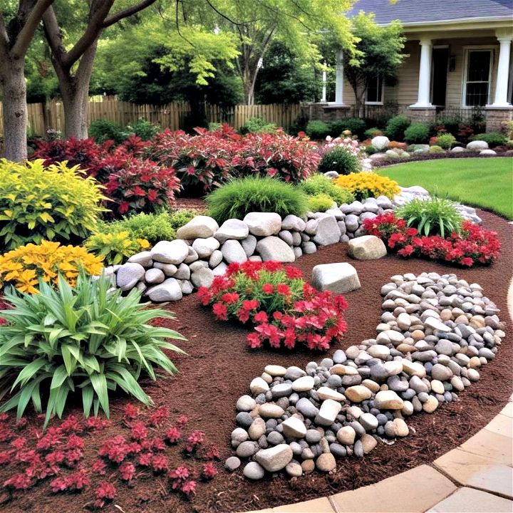 setting up a rock mulch display for yard art