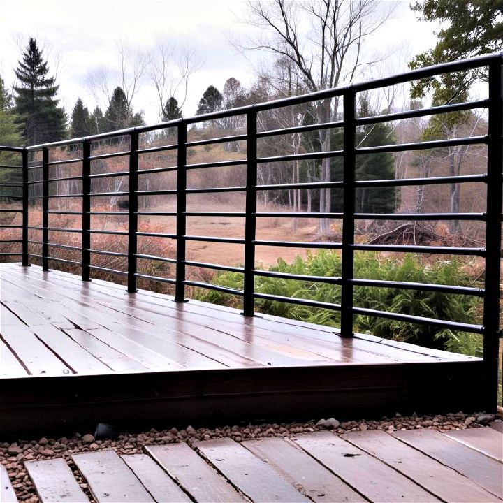 simple and sturdy deck railing with horizontal metal pipes