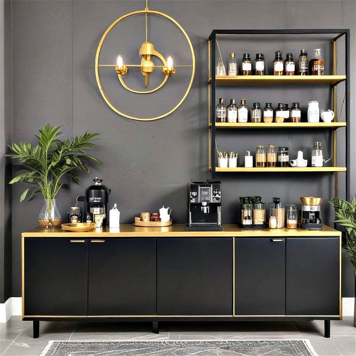sleek black and gold accent coffee bar