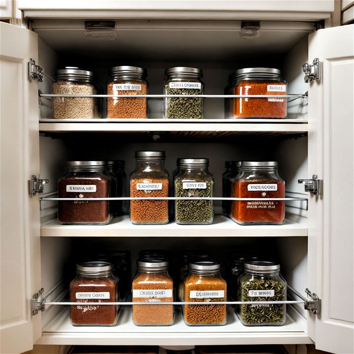 slide out spice shelves to reveal a neatly organized array of spices