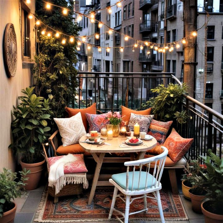 small spaces cozy boho balcony dining setup
