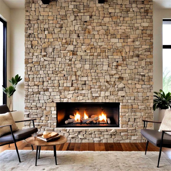 stunning textured stone wall fireplace