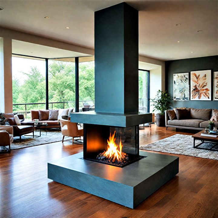 three sided glass fireplace open plan living spaces